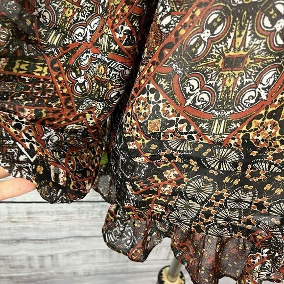 Miss Me Blouse Tunic size Small Black Brown Retro Sheer Ruffles Boho Peasant - Picture 9 of 13